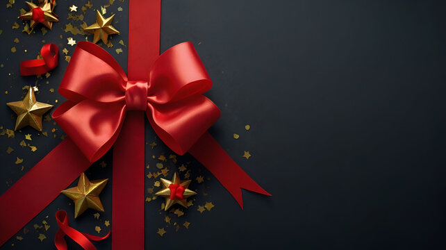 A bright red ribbon bow rests on a surface scattered with colorful confetti, creating a festive and cheerful scene.
