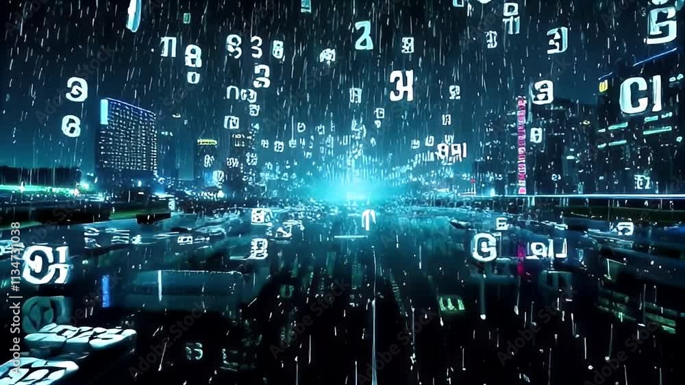Poster chaotic movement of glowing lines and binary numbers falling like rain in digital landscape