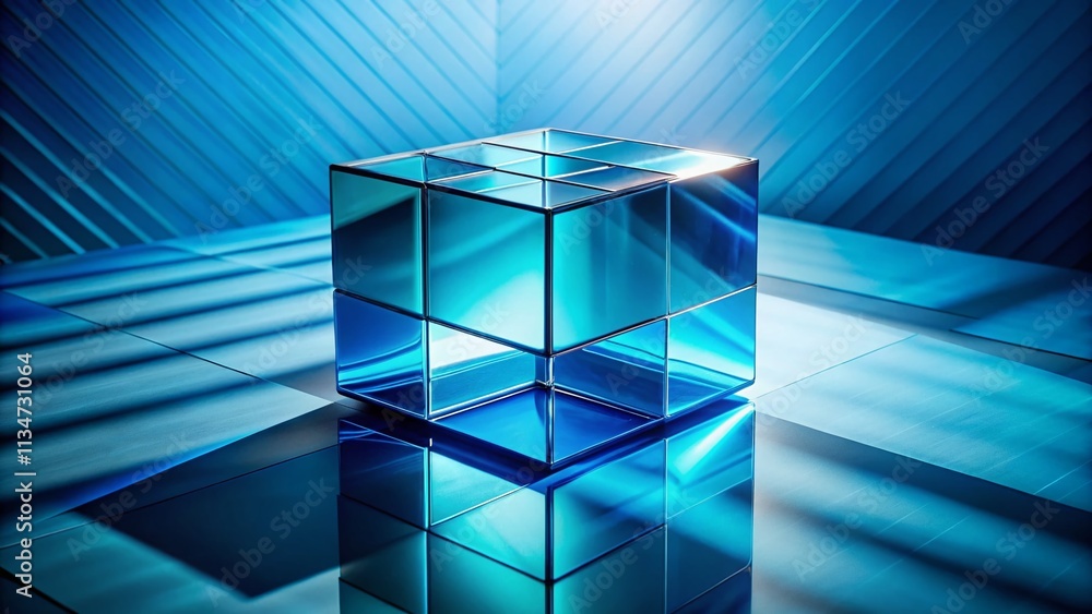 Poster captivating 3d blue cube surrounded by abstract shapes and textures in a modern setting, showcasing 