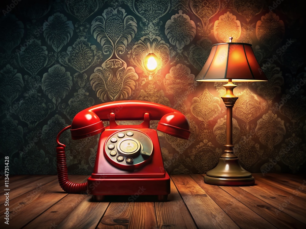 Poster captivating 3d rendering of an old red telephone in a night setting with moody lighting and shadows 