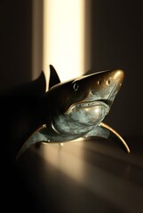 Sculpture of a shark with a dramatic expression in low light setting