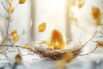 Beautiful shiny luxury decoration golden egg in cukoo bird nest on white background. The luxury decoration by branch and leaf golden around