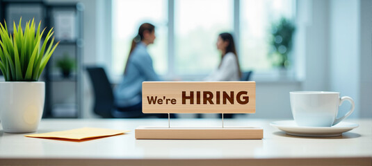 Wooden "We’re Hiring" sign on office desk
