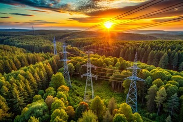 Fototapeta premium Captivating Aerial View of High Voltage Power Lines Cutting Through Lush Forest Landscape at Sunset, Illuminating the Natural Beauty and Energy Infrastructure in Harmony