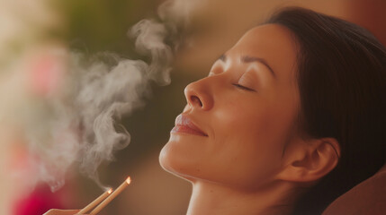 Fototapeta premium Asian female relaxing with aromatherapy incense in tranquil setting