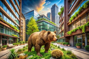 Captivating Architectural Photography Featuring a Brown Bear Illustration Amidst a Modern Urban Landscape with Natural Elements and Creative Design Aspects
