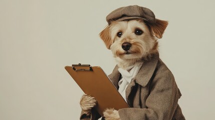 Adorable dog dressed as a detective wearing a cap and holding a clipboard, exuding charm and character in a playful and whimsical setting, ready to solve mysteries