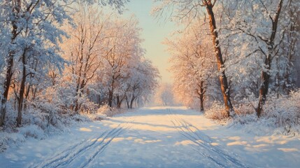 Obraz premium A winter wonderland with snow-covered trees glowing under soft morning sunlight, creating a serene view