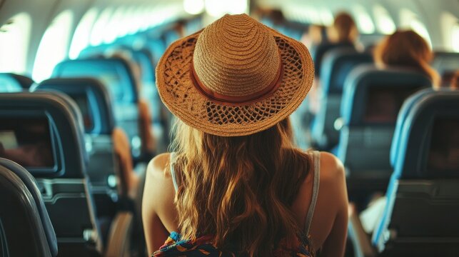 Rear view of a tourist in an airplane aisle, her hat and bag reflecting a sense of adventure