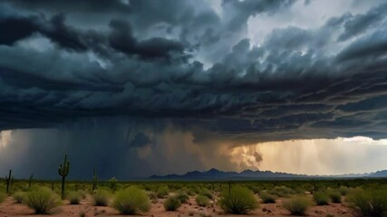Monsoon storms in the Sonoran desert lightening, misty, swirling clouds and a stormy look and feel to the desert, rain falling, anime style, 4k Wallpaper Background Animation Video