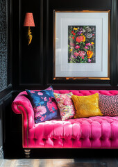 A bold, pink velvet Chesterfield sofa sits in front of black walls with a leopard print pattern. made by AI