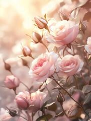 Fototapeta premium A soft arrangement of pink roses in a dreamy, illuminated setting.