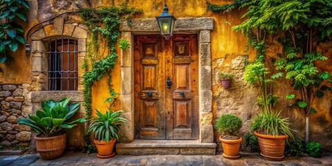 Captivating Architectural Photography of an Old Wooden Door in a Rustic House Surrounded by Weathered Walls and Lush Greenery, Evoking Timeless Charm and Character