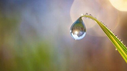 A large dewdrop hangs from the tip of a green leaf. Close up generative ai