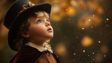 Dziecko w staroświeckim ubraniu, z peleryną i cylindrem, wpatruje się z zachwytem, jakby odkrywało magię lub ekscytującą historię.