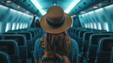 Woman with a travel hat and bag glancing at seat numbers in an airplane aisle. Passenger journey begins