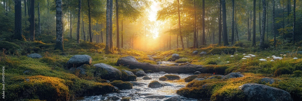 Poster a serene forest scene with sunlight filtering through trees, illuminating a tranquil stream.