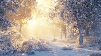 A serene winter landscape with sunlight illuminating frosty trees in a peaceful forest clearing