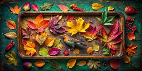 Fototapeta premium Captivating Autumnal Composition: A Vintage Tray Adorned with Vibrant Dry Leaves in an Elegant Arrangement Emphasizing the Beauty of Seasonal Change and Nature’s Palette