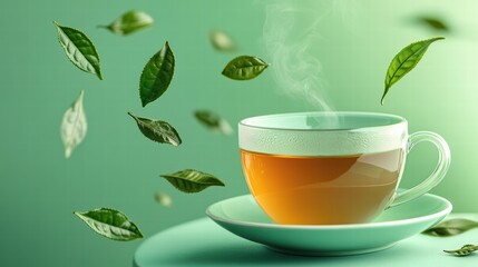 Green tea cup with green tea leaves floating around it on green background