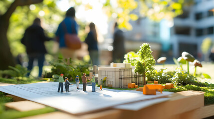 People Exploring Architectural Model in a Lush Urban Park Setting with Nature and Sunshine