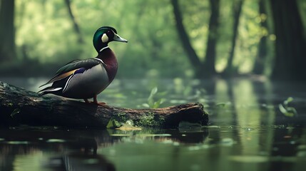 Fototapeta premium Stunning wood ducks perched by the calm waters of Pennsylvania.