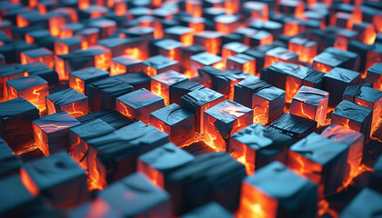 Obraz premium Abstract 3D rendering of glowing cubes. Concept of energy, technology, innovation, and futuristic design.