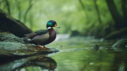 Fototapeta premium Beautiful wood ducks flying over a peaceful Pennsylvania wetland scene.
