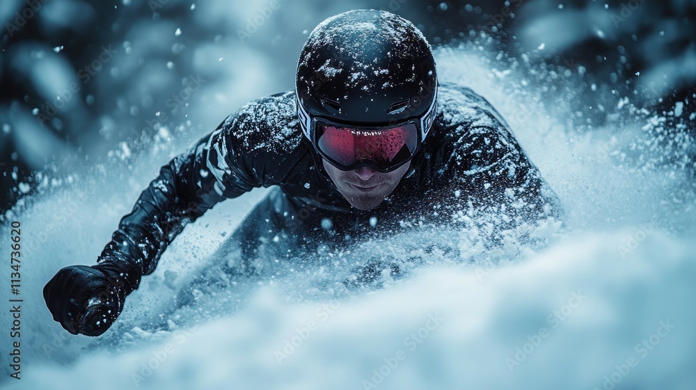 Poster a skier navigating through deep snow, showcasing speed and skill in a winter landscape.