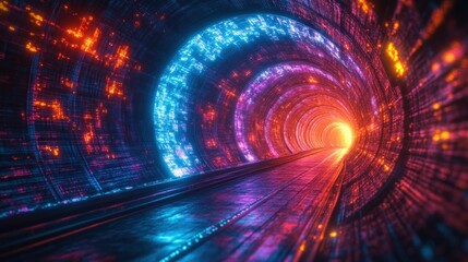 Fototapeta premium Futuristic Hyper Speed Tunnel with Blue and Purple Light Beams in Dark Background
