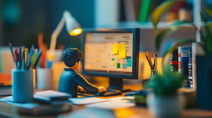 Engaging Workspace Scene with a Figurine Working on a Computer Surrounded by Office Supplies and Plants