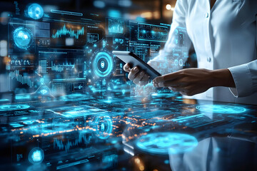 Doctor using digital tablet with futuristic interface.