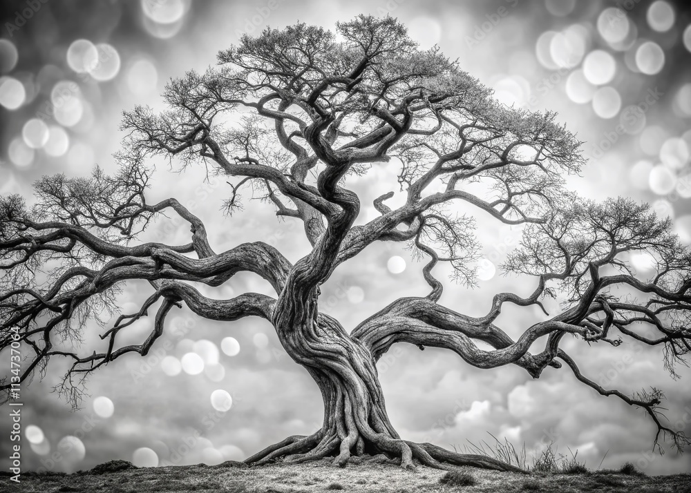 Aufkleber captivating black and white line drawing of a twisted old tree showcasing intricate branches and tex