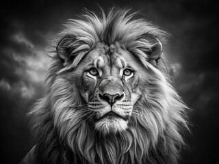 Captivating Black and White Symmetrical Lion Portrait: A Majestic Representation of Duality in Nature, Celebrating the Powerful Essence of the Mythical Feline Animal