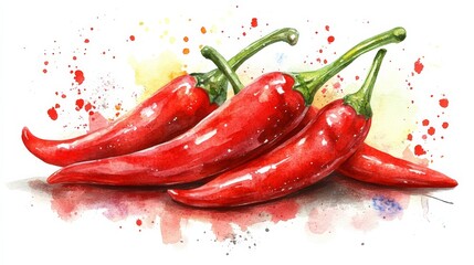 Vibrant red chili peppers watercolor splash spicy hot food illustration