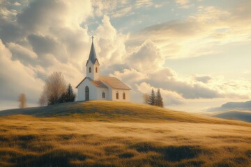 Serene Landscape with Church on Grassy Hill in Iceland during Golden Hour