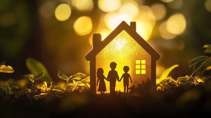 Family home protected by golden shield, modern house surrounded by nature, happy family standing together, warm sunset glow, serene atmosphere, secure future, peace of mind