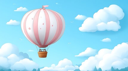 Fototapeta premium Pink hot air balloon floating in a blue sky with fluffy clouds.