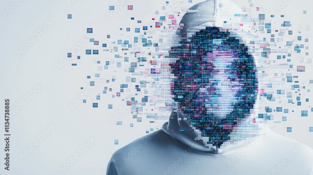 Poster a digital figure with a fragmented face, symbolizing technology and identity.