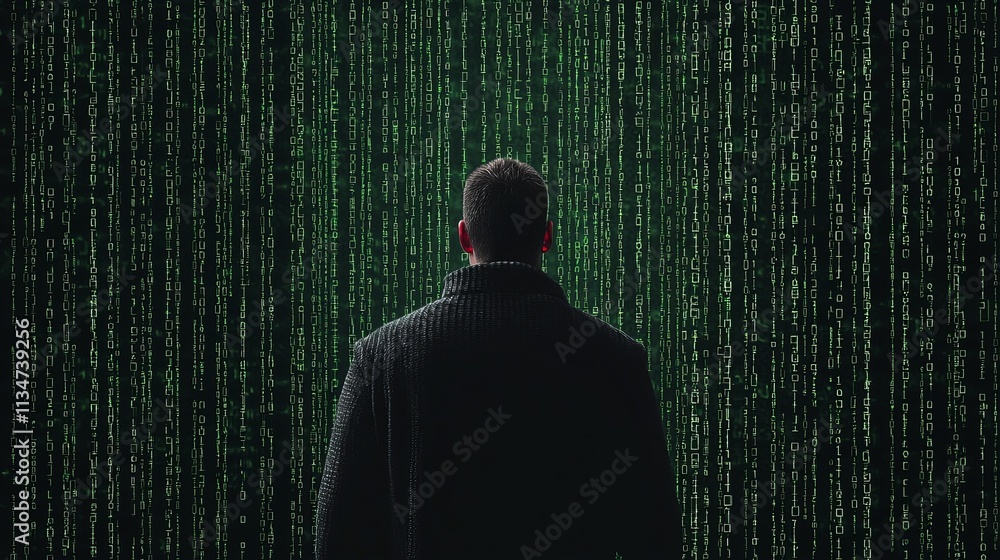 Poster a figure stands before a digital matrix of green code, symbolizing technology and data.