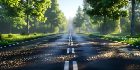 Sunlit Road Through a Lush Green Forest in Morning Dew