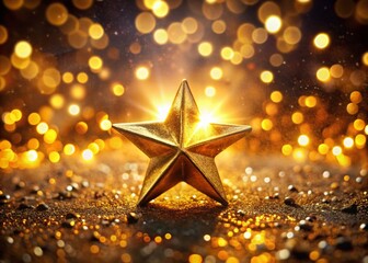 Captivating Bokeh Image Featuring a Brilliant Golden Star in Sharp Focus Surrounded by a Dreamy Background of Blurry Stars, Perfect for Celestial and Night Sky Themes