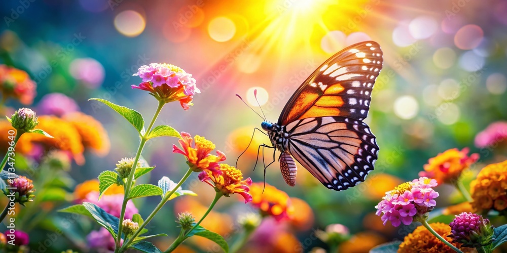 Poster captivating butterfly resting on colorful blossoms with bokeh effect creating a dreamy atmosphere in