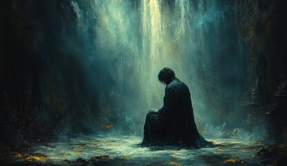 Fototapeta premium Pentecost Prayer Scene with Kneeling Man Receiving Holy Spirit Dove of Fire