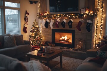 A warm and inviting living room where a family is gathered around the fireplace, sipping hot cocoa and watching holiday movies