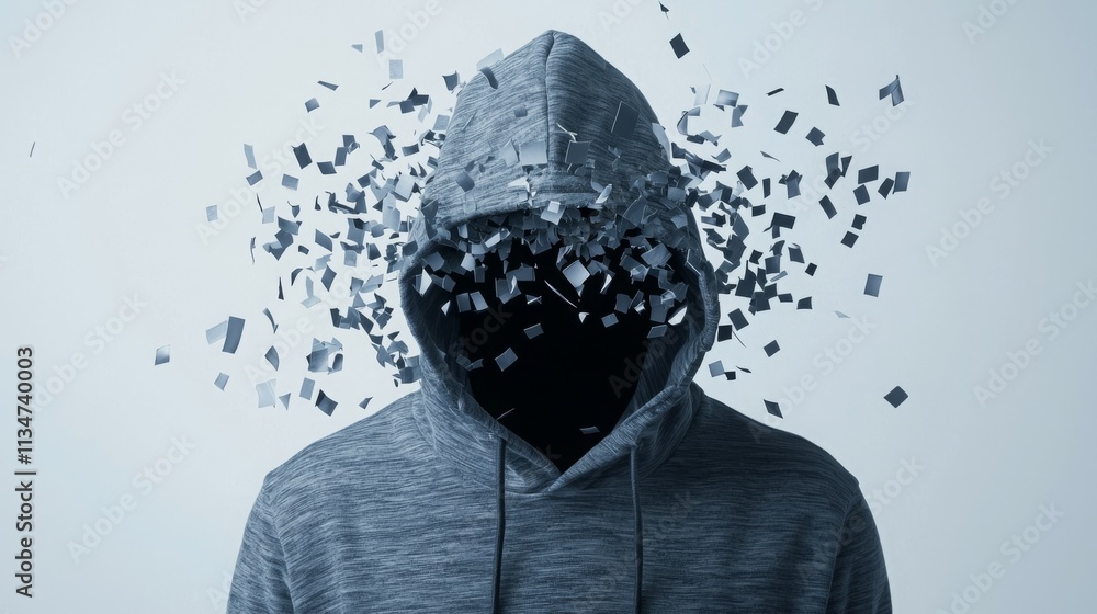 Poster a hooded figure with a fragmented head, symbolizing anonymity and disintegration.