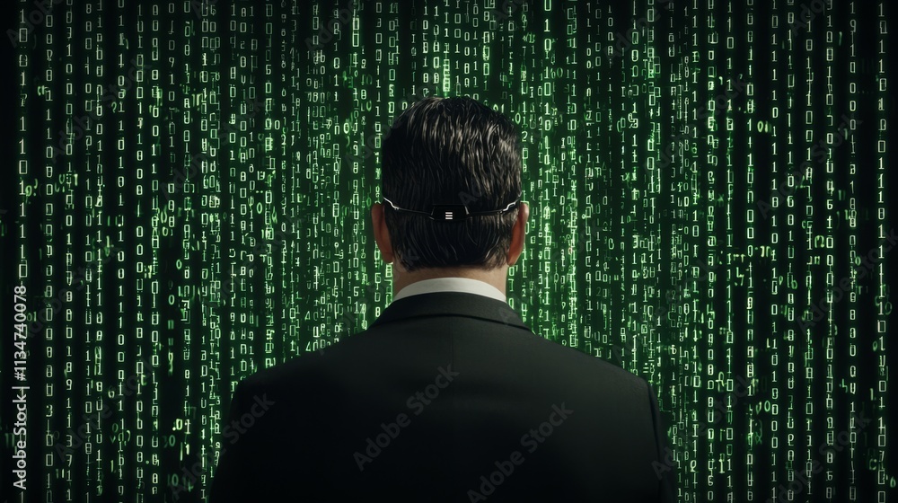 Aufkleber a man in a suit stands before a digital matrix of green code, symbolizing technology and data.