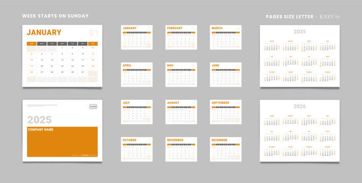 Set of 2025 Pages Monthly Calendar Planner Templates, Cover with Place for Photo, Company Logo, Annual 2025-2026. Calendar Vector pages size Letter-8.5x11in with 2 weekend for print Week start Sunday