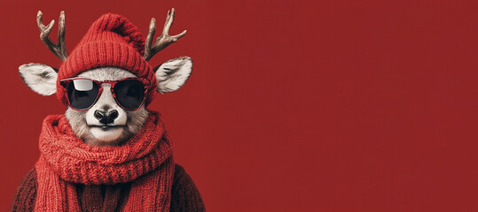 Frohe Weihnachten Urlaub Winter Gru&szlig;karte mit deutschem Text - Cooles Rentier Rudolf Hirsch mit Geweih, Weihnachtmann Nikolausm&uuml;tze, Sonnenbrille und roter Nase, isoliert auf rotem Hintergrund