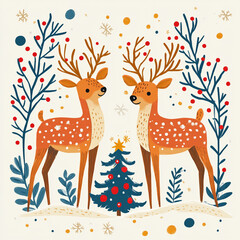 Obraz premium Merry Christmas cover design with Christmas deers, toys and decorative branches. Christmas greeting card. Christmas illustration in Scandinavian style with Christmas tree and Christmas reindeer., chri